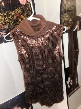 Y2k Brown Sequin Sleeveless Turtleneck Top